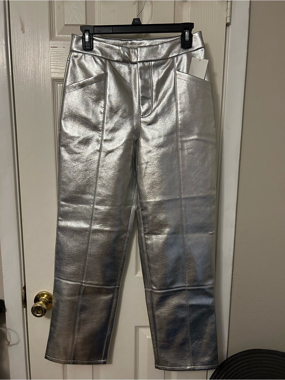 Avec Les Filles Metallic Silver Straight-Leg Pants